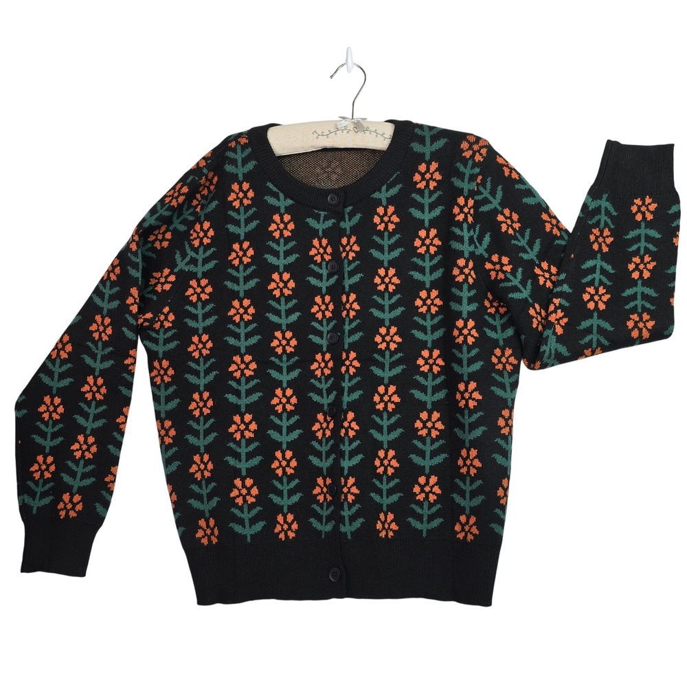 Floral Knit Cardigan Black Orange Green Flower Pattern Button Front Sweater